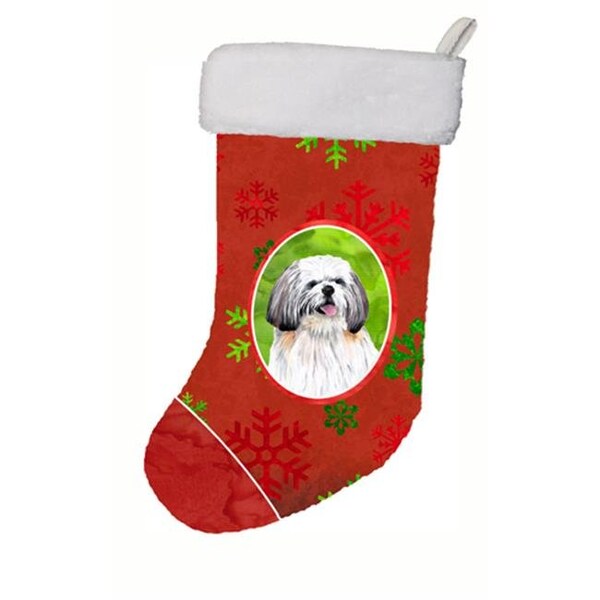 Carolines Treasures Carolines Treasures SC9423-CS 11 x 18 in. Shih Tzu Red And Green Snowflakes Holiday Christmas Christmas Stocking - SC9423-CS