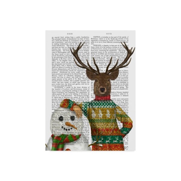 Trademark Fine Art Fab Funky 'Deer In Christmas Sweater Text With Snowman' Canvas Art, 24x32 - WAG00164-C2432GG