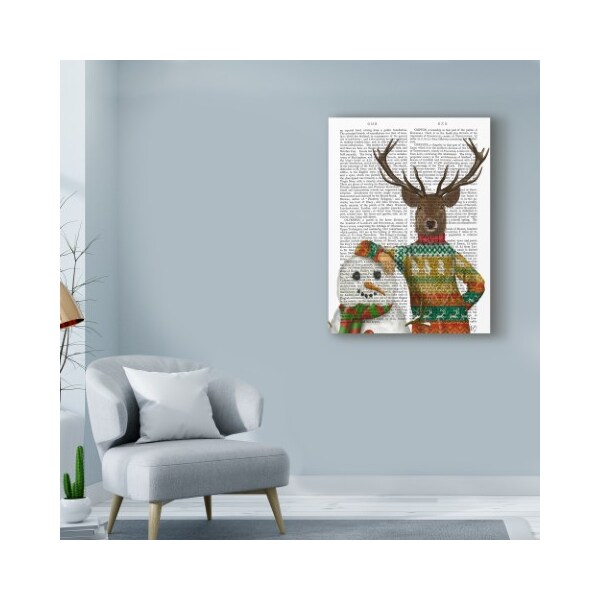 Trademark Fine Art Fab Funky 'Deer In Christmas Sweater Text With Snowman' Canvas Art, 24x32 - WAG00164-C2432GG