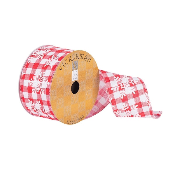 Vickerman 2.5 in. x 10 Yards Red & White Plaid Glitter Snowflake Ribbon, 72PK - Q180668
