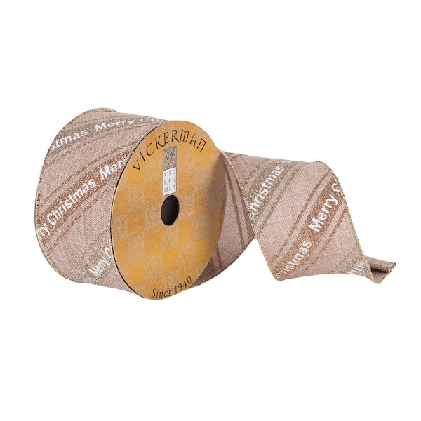 Vickerman 2.5 in. x 10 Yards Beige & White Glitter Merry Xmas Typography Ribbon, 72PK - Q180281