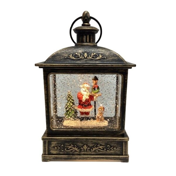 Santas Forest Black Lantern with Santa & Dog, 8-1/2 in H, Plastic, Black, Internal Light, Indoor - 21955