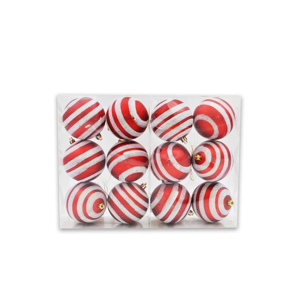 Queens Of Christmas 4 in. Ball Ornaments with White Glitter Lines, Red - ORN-12PK-LN-RE