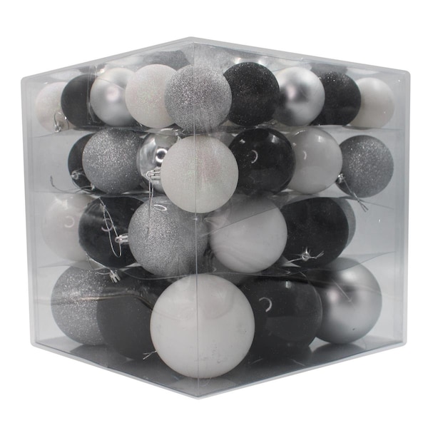 Queens Of Christmas Ball Ornaments Black White & Silver, 62PK - ORN-62PK-BKWS
