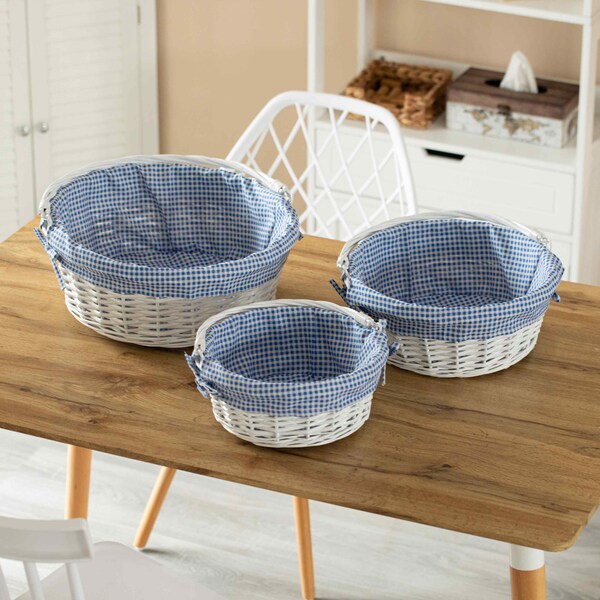 Wickerwise White Round Willow Gift Basket with Blue and White Gingham Liner and Sturdy Foldable Handles, Small - QI004620.BL.S