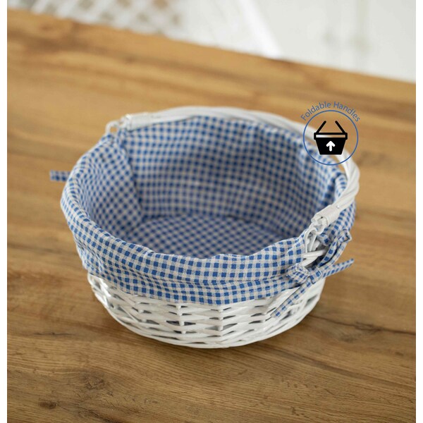 Wickerwise White Round Willow Gift Basket with Blue and White Gingham Liner and Sturdy Foldable Handles, Small - QI004620.BL.S