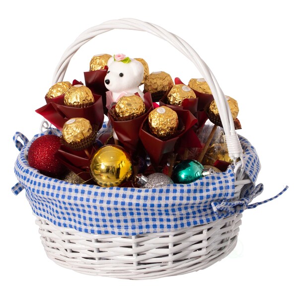 Wickerwise White Round Willow Gift Basket with Blue and White Gingham Liner and Sturdy Foldable Handles, Small - QI004620.BL.S