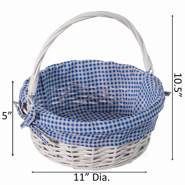 Wickerwise White Round Willow Gift Basket with Blue and White Gingham Liner and Sturdy Foldable Handles, Small - QI004620.BL.S