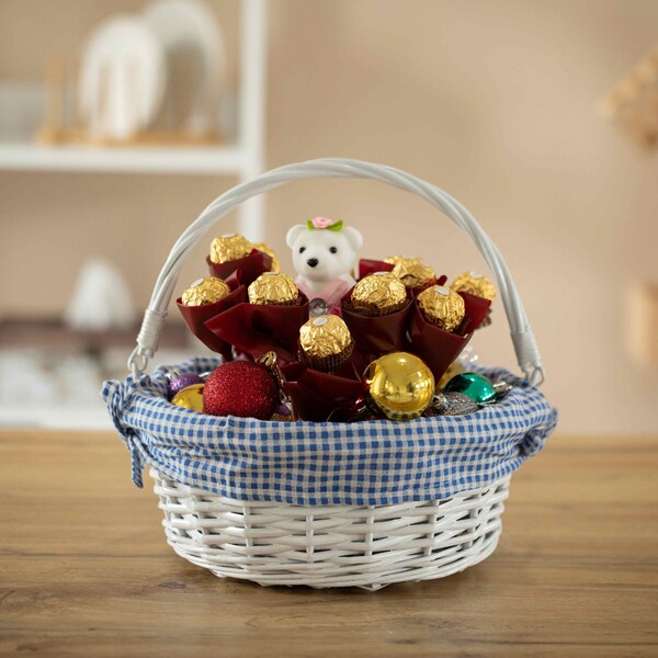 Wickerwise White Round Willow Gift Basket with Blue and White Gingham Liner and Sturdy Foldable Handles, Small - QI004620.BL.S