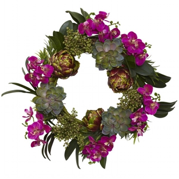 Nearly Natural 20 in. Orchid- Artichoke and Succulent Wreath - 4989