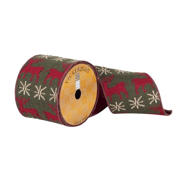 Vickerman 4 in. x 10 Yards Green Knit Dupioni Ribbon with Red Deer & White Snow Details, 12PK - Q181014