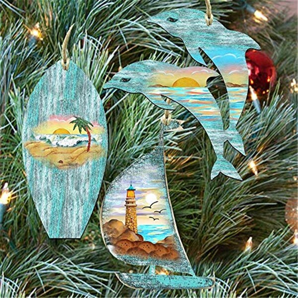 Gloriousgifts Sailboat Dolphins  Surfboard Coastal Ornament Set - GL1772659