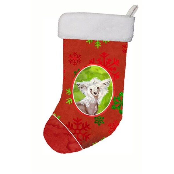 Carolines Treasures Carolines Treasures LH9347-CS 11 x 18 in. Chinese Crested Red And Green Snowflakes Holiday Christmas Stocking - LH9347-CS