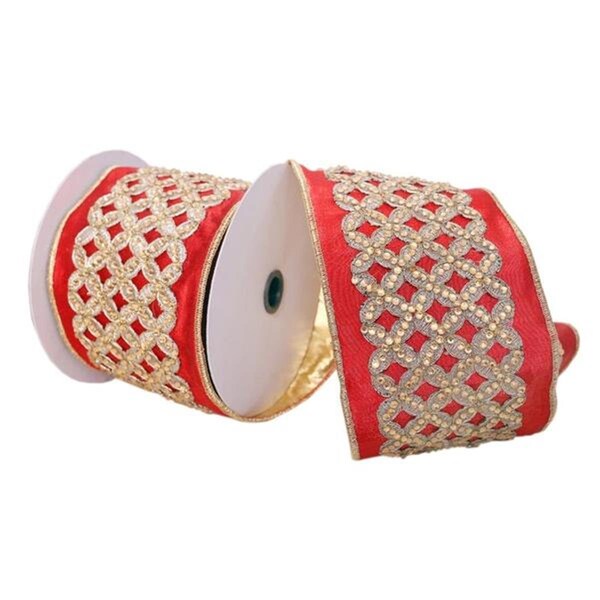 Vickerman 4 in. x 5 Yard Red with Gold Jeweled Wired Edge Christmas Ribbon - Q222743