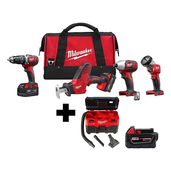 Milwaukee Tool M18 4PC Combo Kit, M18 Vac, M18 5.0 - 2695-24, 0880-20, 48-11-1850