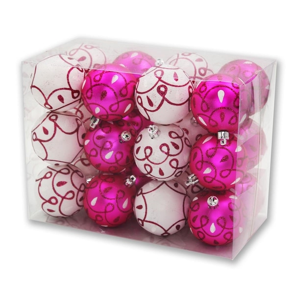 Queens Of Christmas Loop Design Ornaments Hot Pink & White, 24PK - ORNPK-LOOPS-HPI-24