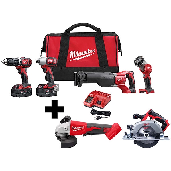 Milwaukee Tool M18 4Tool Kit, M18 Grinder, M18 Circ Saw - 2696-24, 2686-20, 2630-20