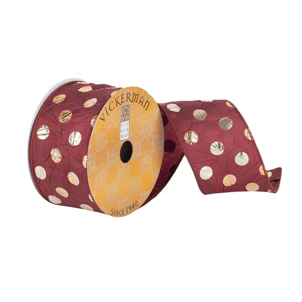 Vickerman 2.5 in. x 10 Yards Burgundy Ribbon with Gold Metallic Dots, 72PK - Q180812