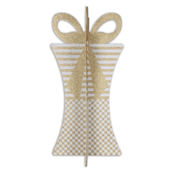 Queens Of Christmas 3D-GIFT-31-GO-WH 31 in. 3D Christmas Gift Box, Gold & White - 3D-GIFT-31-GO/WH