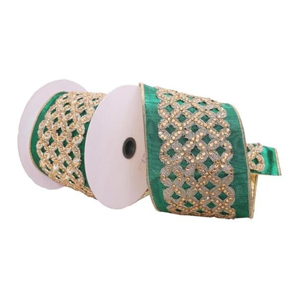 Vickerman 4 in. x 5 Yard Green with Gold Jeweled Wired Edge Christmas Ribbon - Q222740