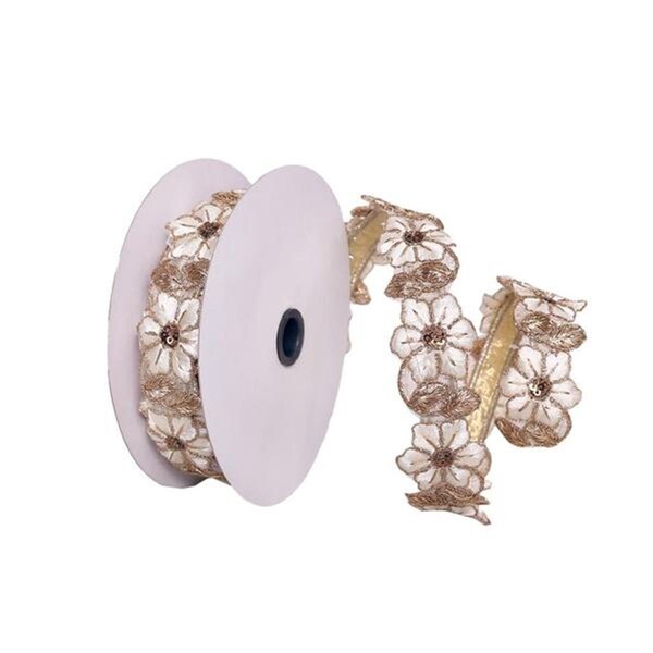 Vickerman 1.5 in. x 5 Yard Cream & Champagne Flower Wired Edge Christmas Ribbon - Q221739