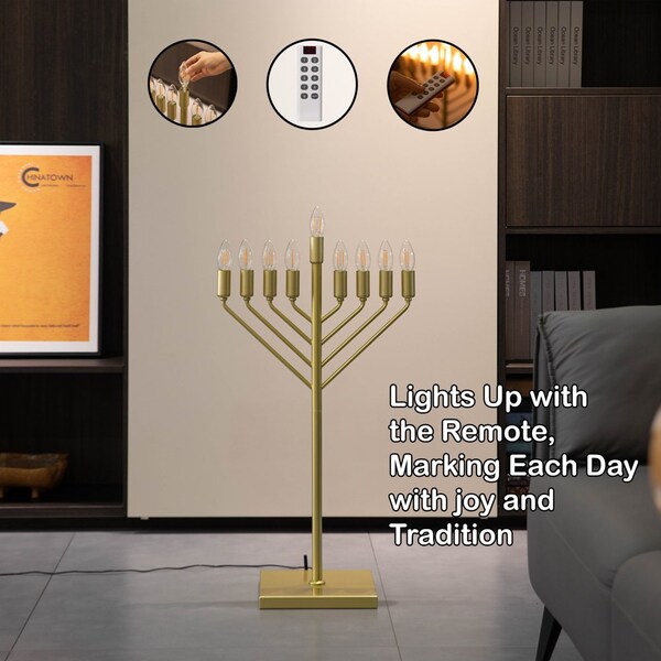 Vintiquewise Chabad Style Gold Finish Hanukkah Menorah for Entryway, Living Room, Office, and Kitchen with LED - QI004693.GD