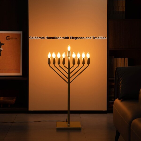 Vintiquewise Chabad Style Gold Finish Hanukkah Menorah for Entryway, Living Room, Office, and Kitchen with LED - QI004693.GD