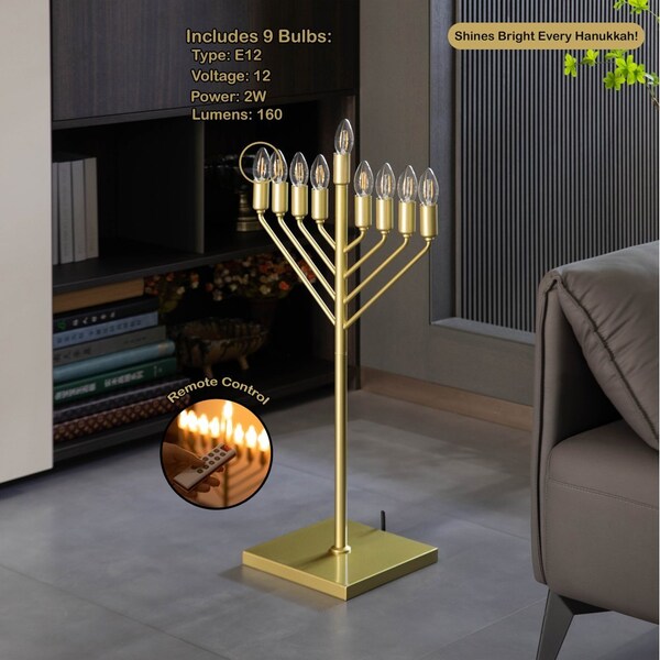 Vintiquewise Chabad Style Gold Finish Hanukkah Menorah for Entryway, Living Room, Office, and Kitchen with LED - QI004693.GD