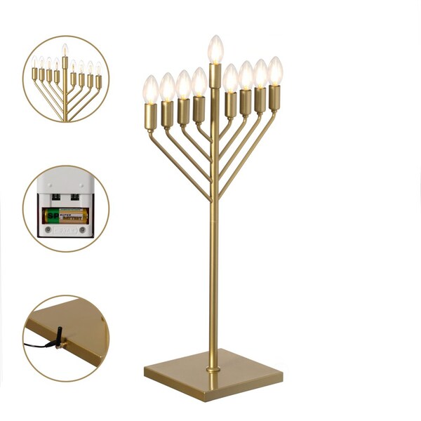 Vintiquewise Chabad Style Gold Finish Hanukkah Menorah for Entryway, Living Room, Office, and Kitchen with LED - QI004693.GD