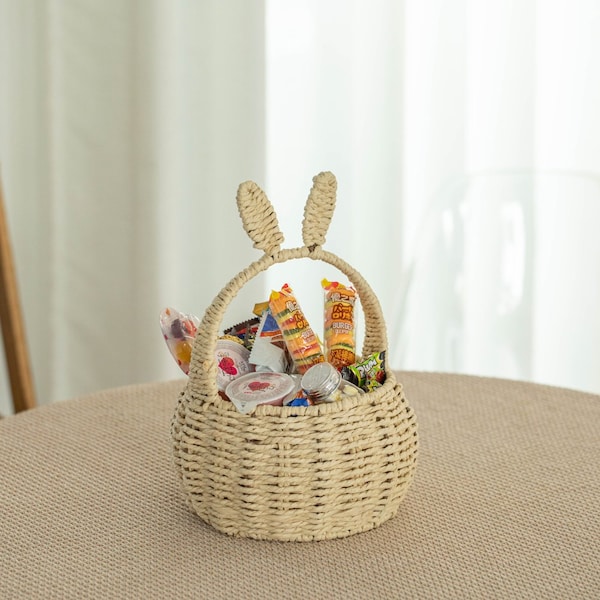 Wickerwise Hand-Woven Easter Bunny Ear Basket with Handle - Multi-Purpose Paper Rope Wicker Basket for - QI004723.N