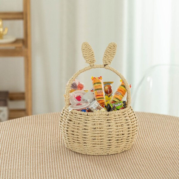 Wickerwise Hand-Woven Easter Bunny Ear Basket with Handle - Multi-Purpose Paper Rope Wicker Basket for - QI004723.N