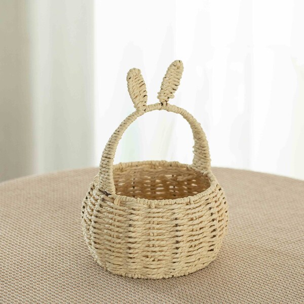 Wickerwise Hand-Woven Easter Bunny Ear Basket with Handle - Multi-Purpose Paper Rope Wicker Basket for - QI004723.N