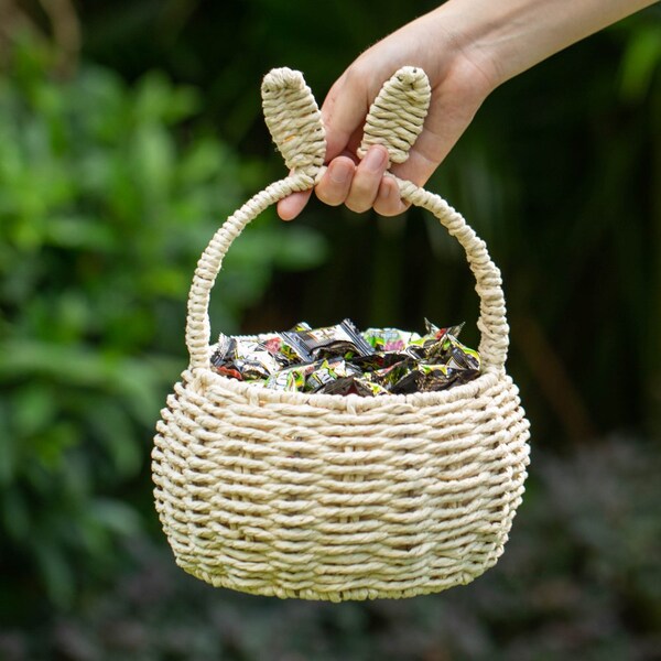 Wickerwise Hand-Woven Easter Bunny Ear Basket with Handle - Multi-Purpose Paper Rope Wicker Basket for - QI004723.N