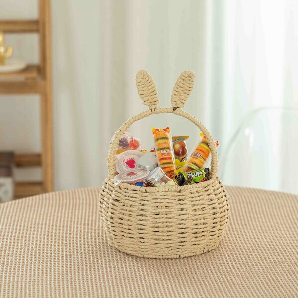 Wickerwise Hand-Woven Easter Bunny Ear Basket with Handle - Multi-Purpose Paper Rope Wicker Basket for - QI004723.N