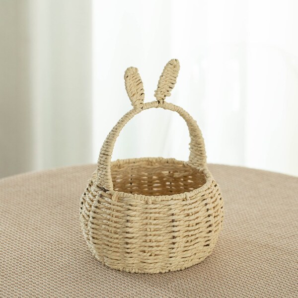 Wickerwise Hand-Woven Easter Bunny Ear Basket with Handle - Multi-Purpose Paper Rope Wicker Basket for - QI004723.N