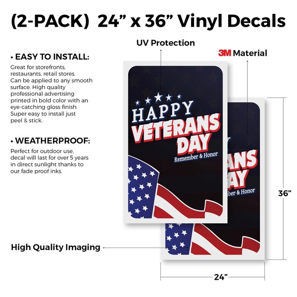 Signmission Happy Veterans Day, Vinyl Decals Only 24 Inch x 36 Inch, Vinyl Decal, 2PK - DSB-2436-2PACK-30392