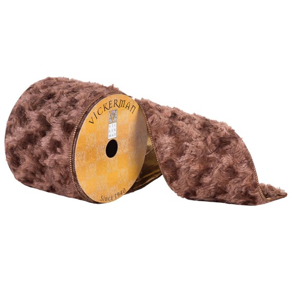 Vickerman 4 in. x 10 Yard Medium Brown Fur Gold Back Wired Ribbon - Q170010