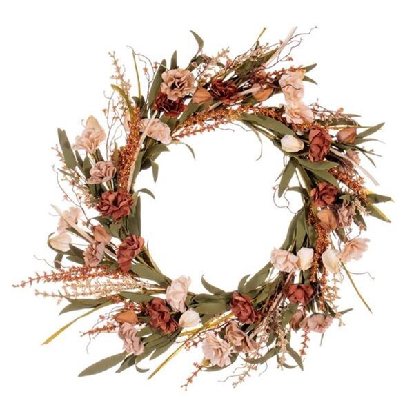 Vickerman 20 in. Brown & Cream Carnation & Chinese Lantern Wreath - FQ222320