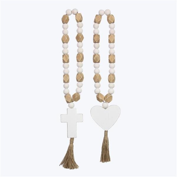 Youngs 17.5 in. Wood Bead with Cross & Heart Attachment, Assorted Style - Set of 2 - 21629