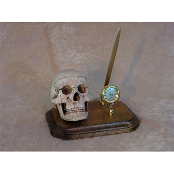 Perfectpretend Skull Pen Holder on wood Plaque with Clock - PE1413032