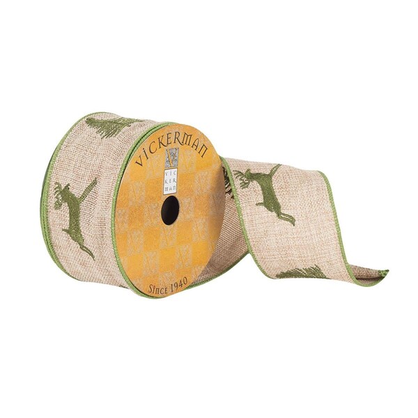 Vickerman 2.5 in. x 10 Yards Natural Burlap Ribbon with Woven Green Deer, 72PK - Q180989