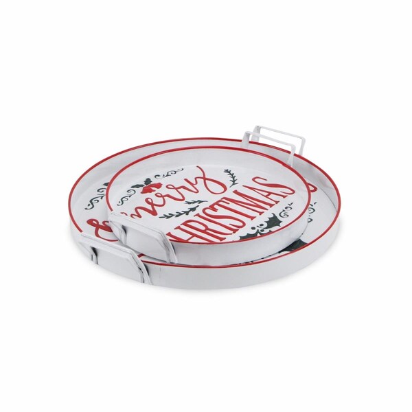 Homeroots 18 in. Round Metal Christmas Handmade Tray with Handles, White - 483306