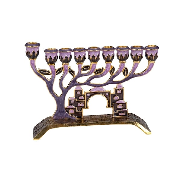 Giftmark Menorah with Tree of Life & Crystal accents of Old Jerusalem - Plum & Brass - M-699