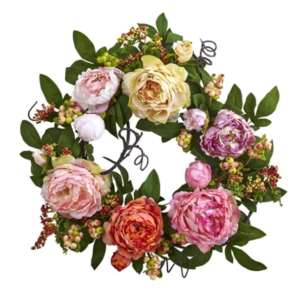 Nearly Natural 20 in. Mixed Peony and Berry Wreath - 4537