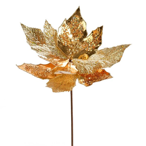 Vickerman 13 in. Gold Poinsettia Sequin Spray, 6PK - QG191108