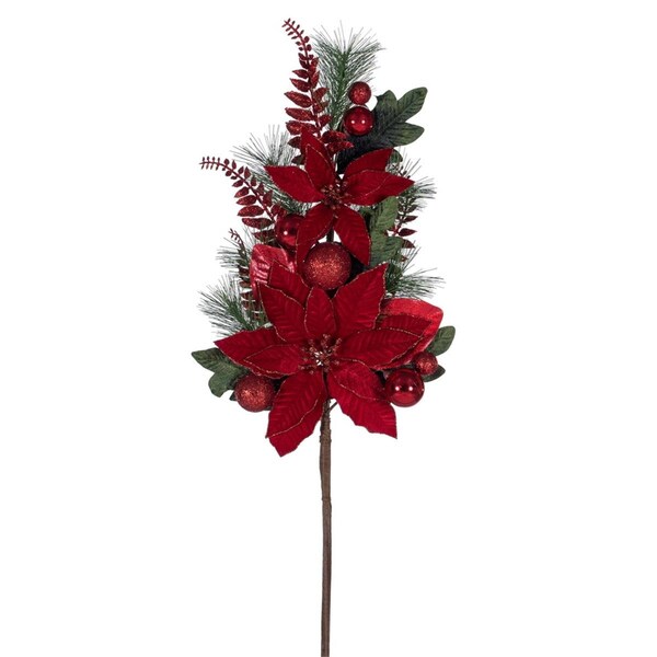 Vickerman 28 in. Merry Red Decorated Poinsettia Spray - L225406