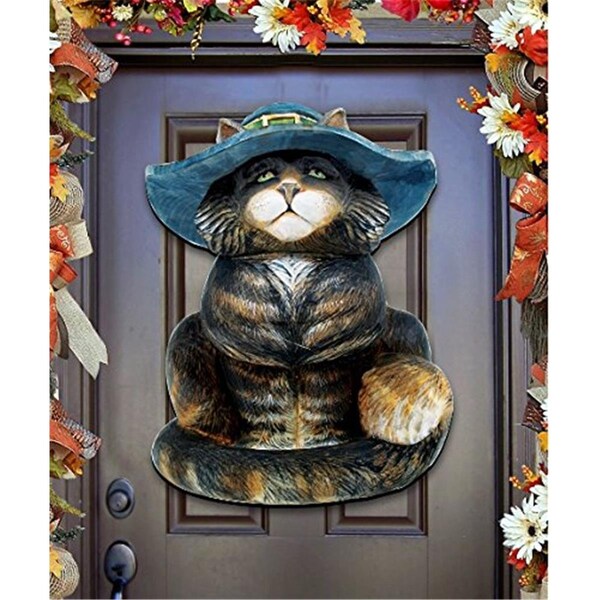 Gloriousgifts 8158411 Cat in Hat Wooden Ornament Set of 2 - GL1800215