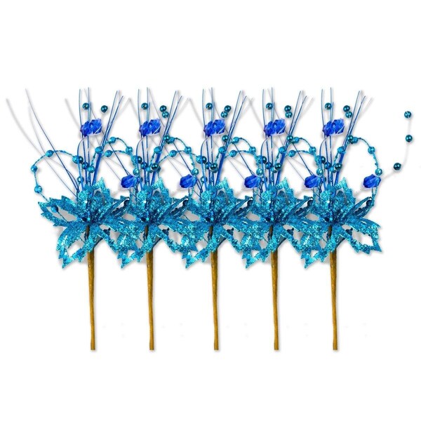 Queens Of Christmas 13 in. Poinsettia Glitter Spray Pick with Berries for Christmas Decoration, Blue, 5PK - PCK13-PS-BL-5PK
