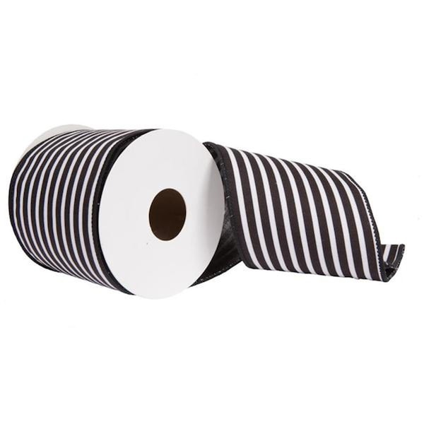 Vickerman 4 in. x 10 Yard Black Horizontal Printed Stripe Sheldon Belver Double Ribbon - QR220953
