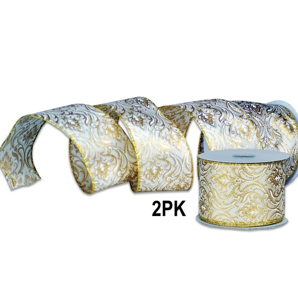 Queens Of Christmas 2.5 in. Wide 10 yards Ribbons, Cream, 2PK - RBN-19063-CR-2PK